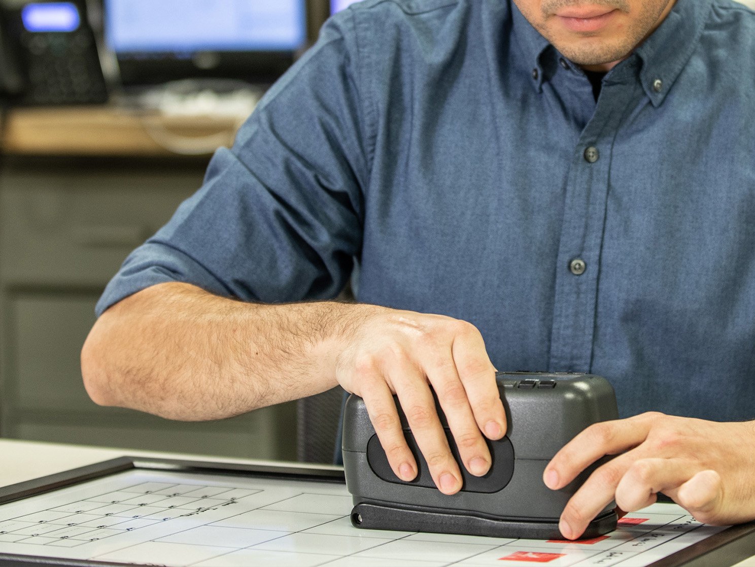 closeup of man evaluating products